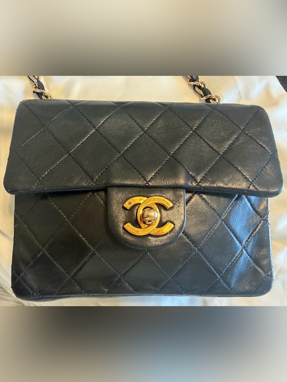 Authentic Chanel Mini Flap Bag Black Quilted Lambskin Gold Hardware Vintage